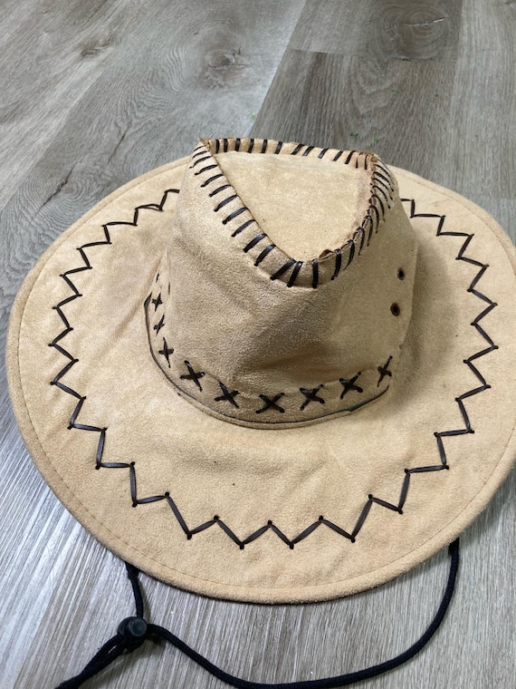 Brown Faux Suede Cowboy Hat Whipstitch Western Safari Style 