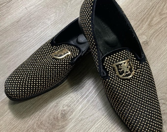 Stacy Adams Men's Swagger Studded Slip-On Loafers Black Size 8.5 Black Gold Dress Shoes Formal Party Prom Designer Bling Fashion