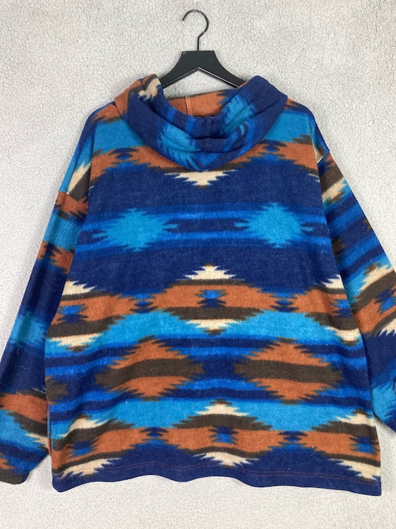 Vintage 90s Mens XL Aztec Blue Hoodie Sweatshirt … - image 7