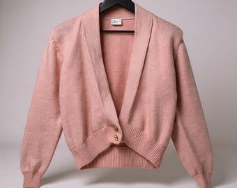 Vintage Pink Cardigan Sweater Button Front Soft Knit Cropped Womens Small Cottagecore Soft Girl Feminine Cozy Sweater