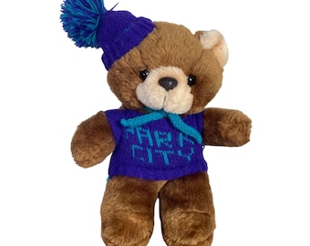 Oso de peluche vintage de Acme Park City Utah de 1991, suéter morado, gorro de los años 90.