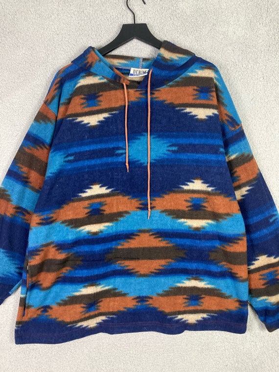 Vintage 90s Mens XL Aztec Blue Hoodie Sweatshirt … - image 4