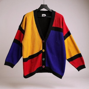 Hosanna Design Vintage 80s Color Block Cardigan M Bold Knitwear Colorful Button Sweater Retro Statement Fashion Eclectic Clothing Unique