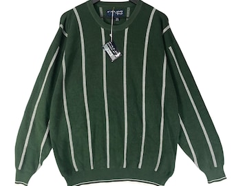 Suéter Faldo Pringle para hombre, talla L, verde, rayas, cuello redondo, algodón, golf, nuevo con etiquetas.