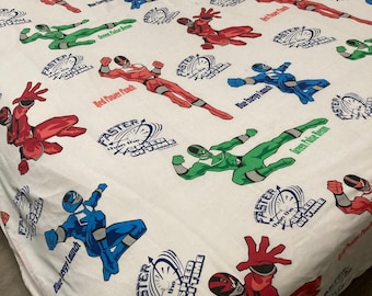 Sábana plana individual vintage de Power Rangers Time Force del año 2000, ropa de cama infantil Saban, Rangers rojo, azul y verde, tela Y2K, decoración de habitación, regalo