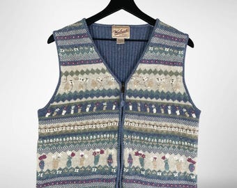 Colete de lã vintage Woolrich feminino tamanho médio, malha Fair Isle com zíper frontal, estilo cottagecore, para atividades ao ar livre.