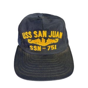 Vintage USS San Juan SSN 751 Navy Blau Snapback Hut U-Boot Militär Kappe Unisex Erwachsene Sailor Geschenk Marine Sammlerstück Bestickt