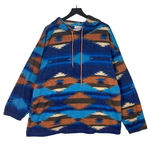 Vintage 90s Mens XL Aztec Blue Hoodie Sweatshirt … - image 1