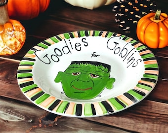 Halloween Candy Bowl Frankenstein Vintage Dish Trick R Treat Hand Hand Painted