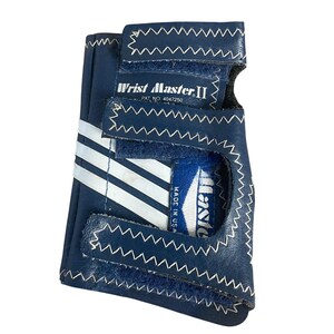 May include: A navy blue Wrist Master II wrist support with white stitching and three white stripes. The support has a Velcro closure and a label that reads "MADE IN USA".