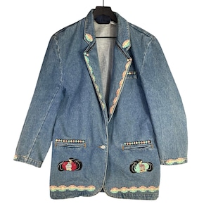 Vintage Jeanjer Jordache Denim Blazer M Embroidered Aztec Western Jacket USA