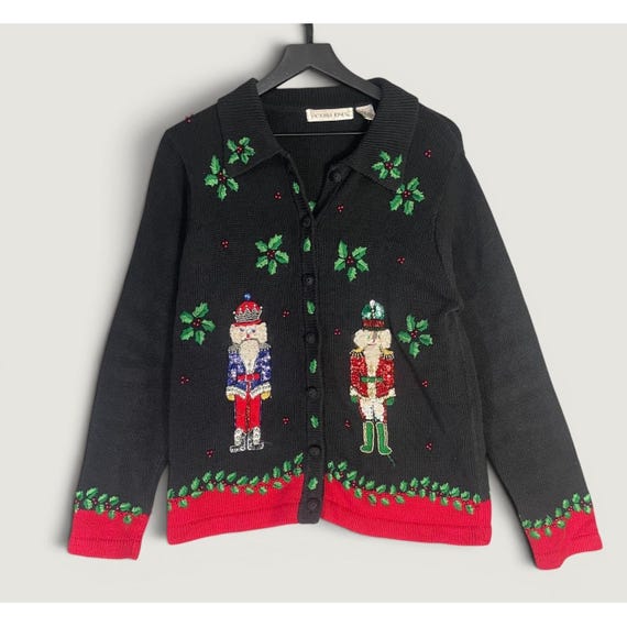 Victoria Jones Vintage Christmas Nutcracker Sequin Cardigan Sweater Black Small