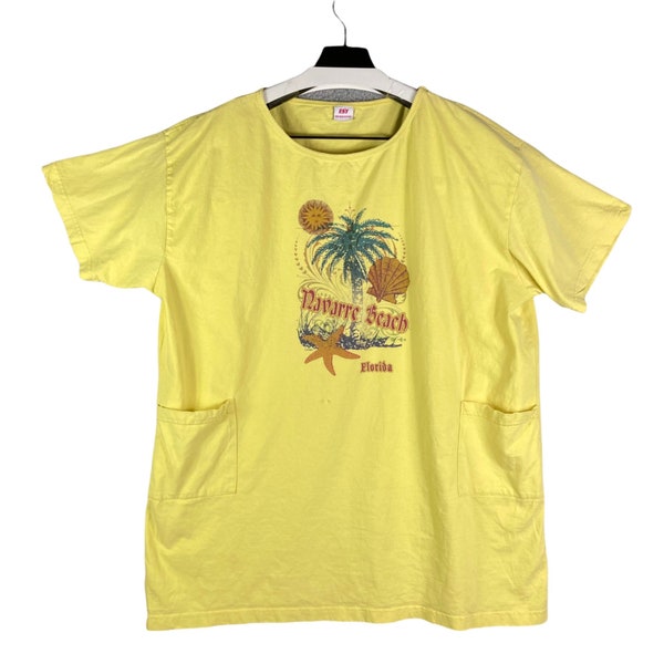Vintage Navarre Beach Florida Coverall Shirt Womens Pockets Graphic Yellow OSFA
