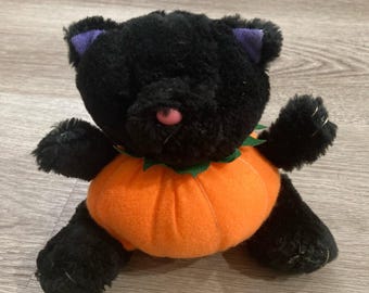Gato negro de peluche vintage de Avon para Halloween disfrazado de calabaza, pequeño y suave