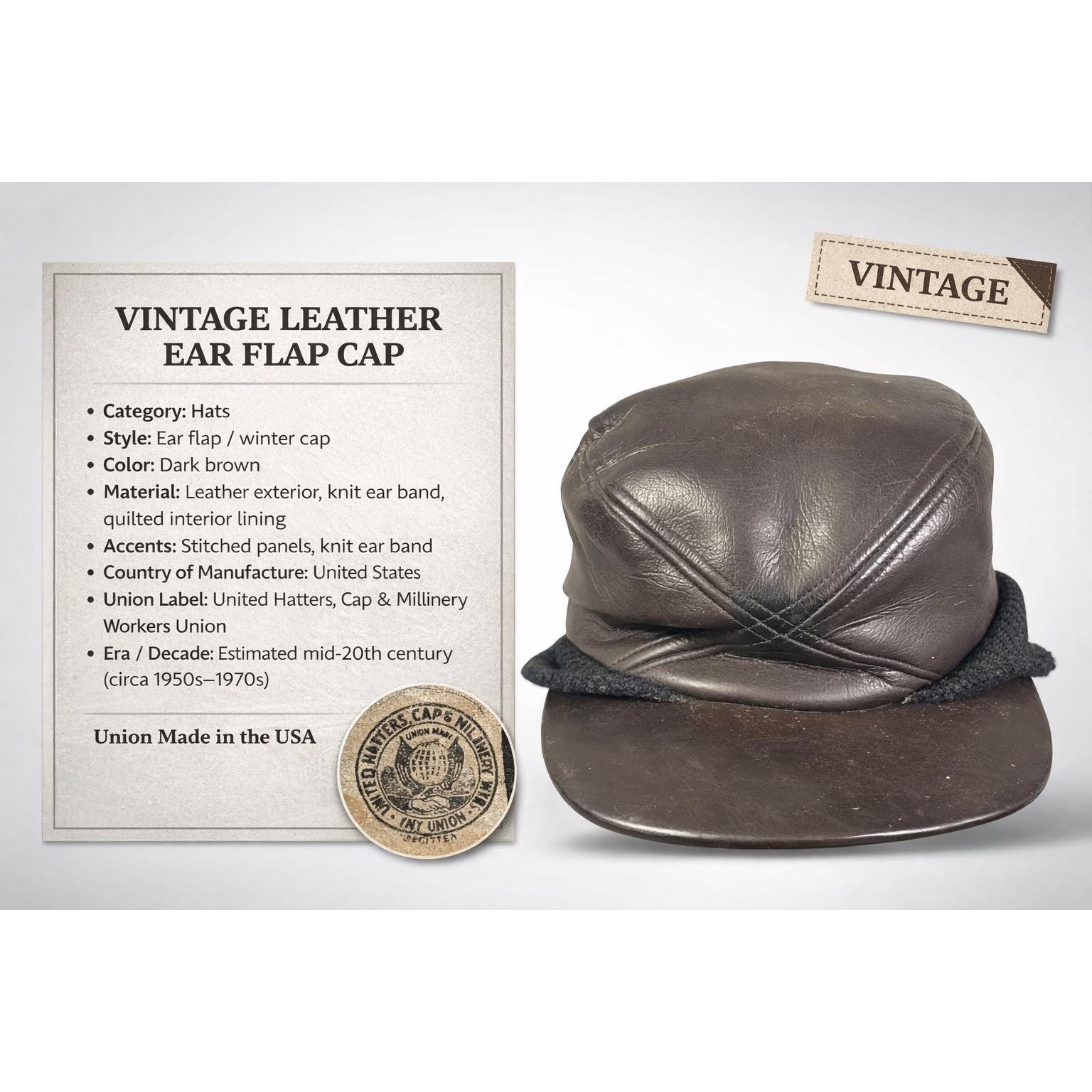 Vintage Union Made Leather Ear Flap Winter Cap Dark Brown 