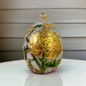 Christmas Egg Ornament Cloisonne Vintage Cloisonné Gold Hand Painted Holiday White