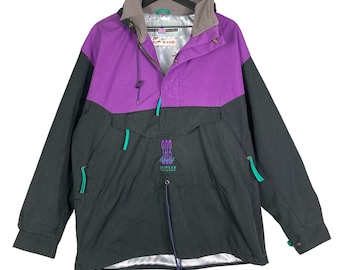 Veste de ski unisexe vintage noir violet SOS Skiwear M années 80 rétro à capuche hiver