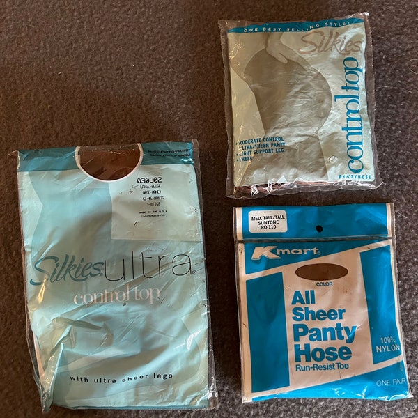 Vintage pantyhose, lot of 3, Kmart medium tall, Silkies large, sealed package, beige, lingerie, secretary, costume, Halloween, hosiery