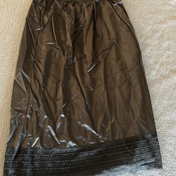Vintage Half Slip, Black nylon satin, lace trim, 1980s, size Medium, Unbranded lingerie, 23 inches long, costume prop, wardrobe