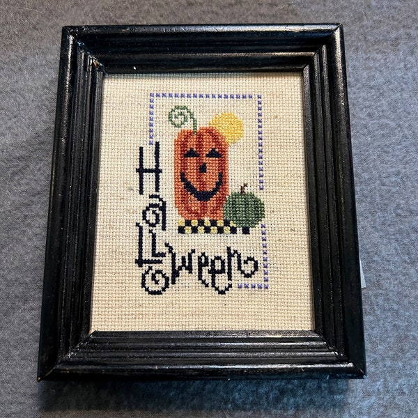 Tiny Happy Halloween Pumpkin, vintage framed needlepoint, black wood frame, Fall decor, autumn, trick or treat, handmade fiber art