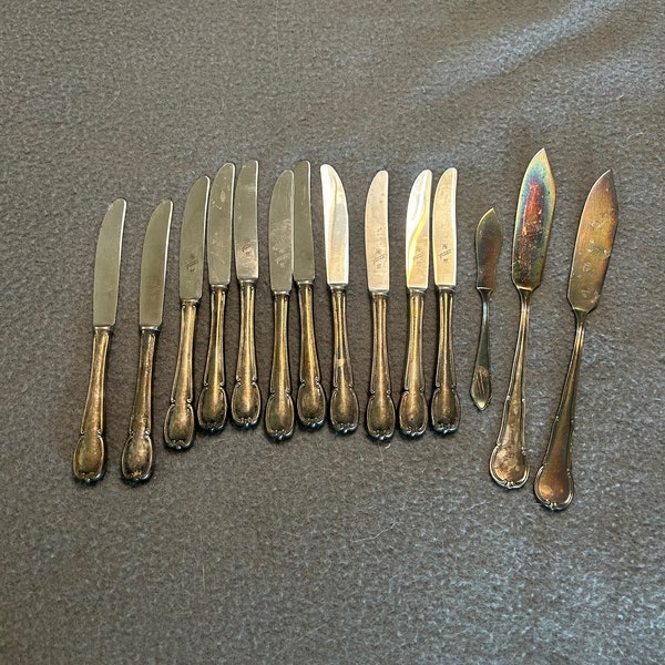 WMF Friodur small butter knife lot of 12, plus 3 WMR butter servers,  vintage flatware, stainless, silver plate, craft supply, wind chimes