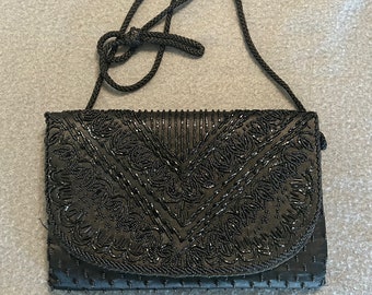 Vintage evening bag, Black beaded satin, 1990s, sparkle, clutch, cord strap, formal dance, prom homecoming, cocktail party, disco, costume