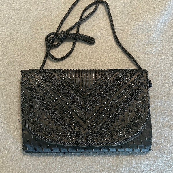 Vintage evening bag, Black beaded satin, 1990s, sparkle, clutch, cord strap, formal dance, prom homecoming, cocktail party, disco, costume