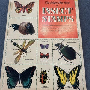 Golden Play Book of Insect Stamps, sticker book, coloring, bugs, vintage 1954, 1950s, 3 missing