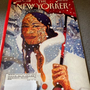 May include: The New Yorker magazine cover from March 11, 1996, features an illustration of a person in a white coat holding a red umbrella in a snowy scene. The person's face and hands are adorned with intricate orange and brown patterns.
