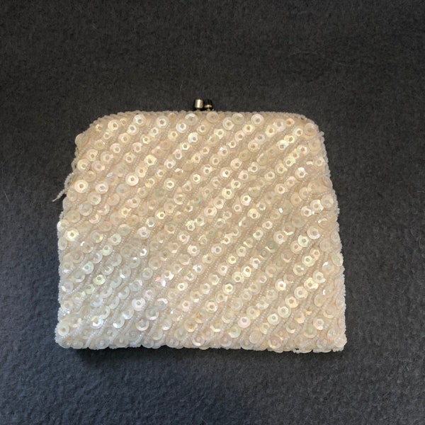 Vintage white sequin beaded evening bag, clutch purse, prom, wedding , mid century, 1960s, costume prop, made in Hong Kong