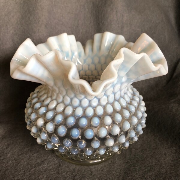 Fenton moonstone hobnail vase, opalescent vintage glass, 4.5" elegant vase, ruffled edge, farmhouse decor, wedding table, floral arrangement