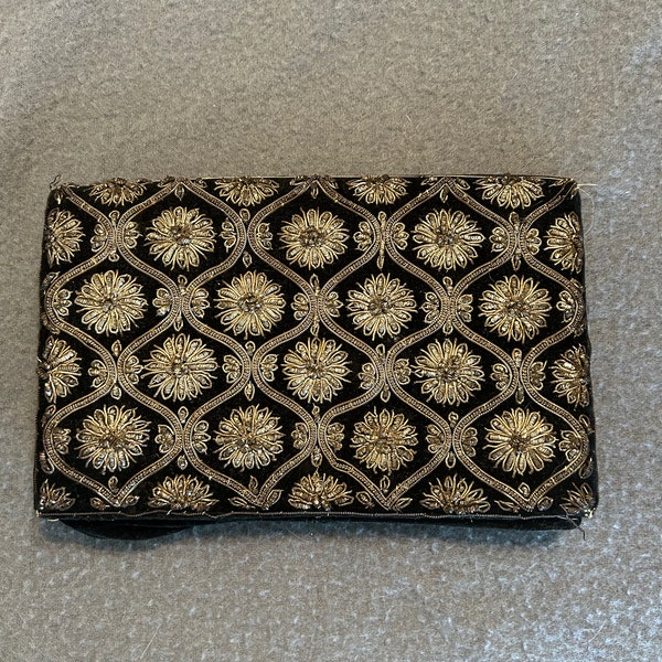 Vintage Black Velvet evening bag, clutch purse, metallic thread, gold silver embroidered, abstract floral design, formal, accessory