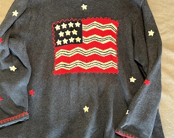 Quacker Factory American Flag sweater, 2X, patriotic, stars stripes, red white blue, vintage, costume prop, wardrobe, cotton blend
