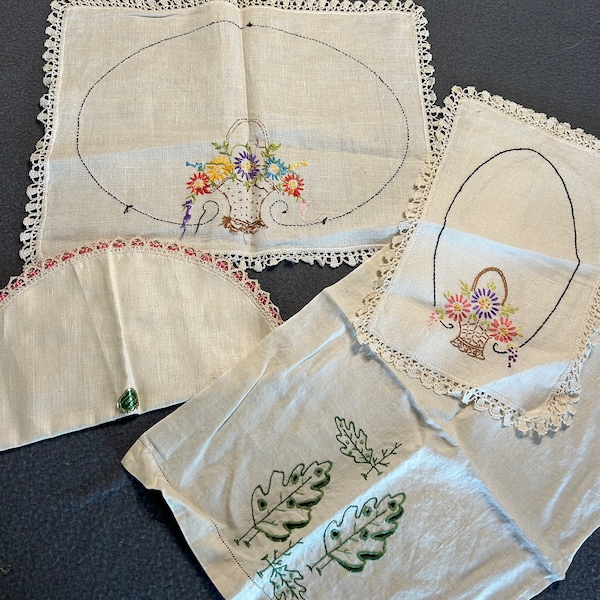 Vintage hand embroidered linen lot, 5 piece, flower basket, oak leaf, floral, table decor
