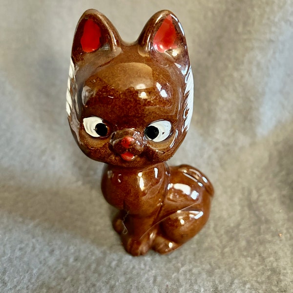 Vintage Redware Brown Cat Kitten, pottery kitty, mid century, 1960s figurine, whimsical statue, made in Japan, eclectic decor