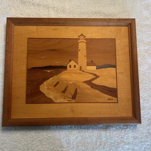 Hudson River, Inlay Lighthouse, Nelson, Wood Marquetry, mid century,  vintage art, seascape, wall decor, movie tv film prop