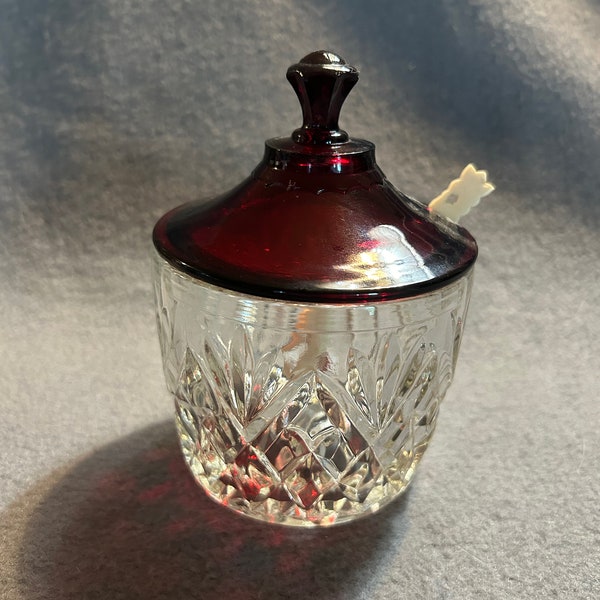 Anchor Hocking Royal Ruby jam Jelly jar,  Pineapple Fan Bottom, vintage glass, lid, condiment server, relish, marmalade, Christmas, 1960s