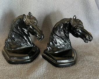 Black Arabian horse head bookend pair, stallion,  ceramic, equestrian decor, vintage, farm ranch, horse lover gift, library office, glossy