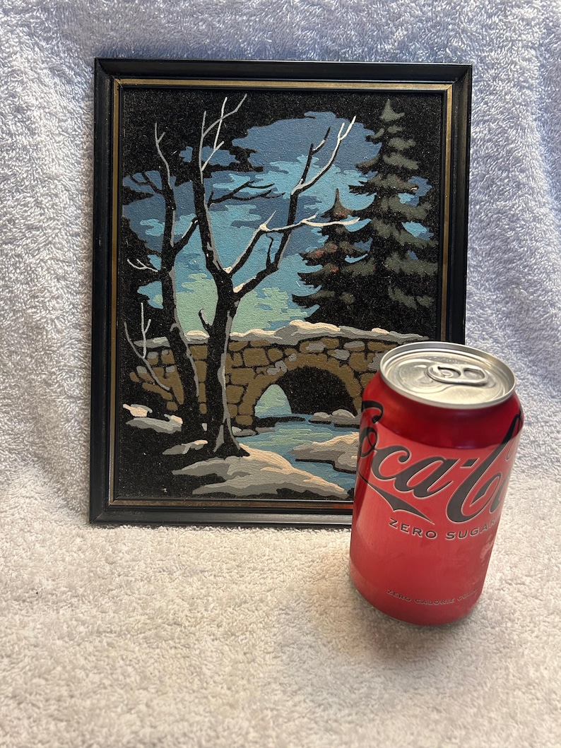 Vintage Black Velvet Painting, Winter Moonlight Bridge, Paint by Number ...