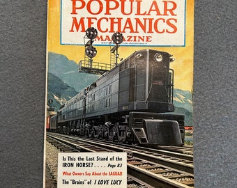 Popular Mechanics. January 1955, vintage Magazine, Train cover, I Love Lucy, Jaguar, 1950s advertising