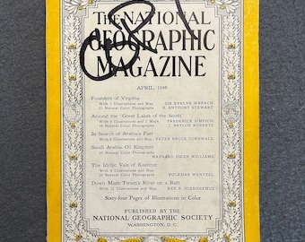 National Geographic, April 1948, color illustrations, vintage magazine, 1940s, Virginia, Saudi Arabia, Southern Lakes, Mark Twain, ephemera