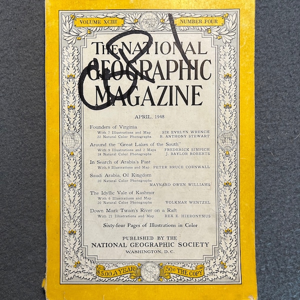 National Geographic, April 1948, color illustrations, vintage magazine, 1940s, Virginia, Saudi Arabia, Southern Lakes, Mark Twain, ephemera