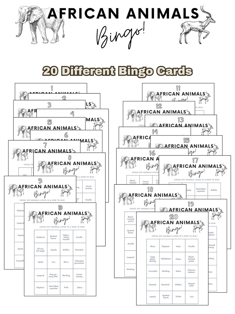 Safari Animal Bingo: 20 Printable Cards, Game for Adults & Kids ...