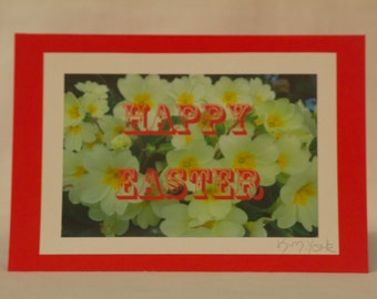 Easter card with a picture of yellow primroses