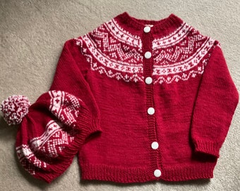 A fair isle  cardigan sweater and hat