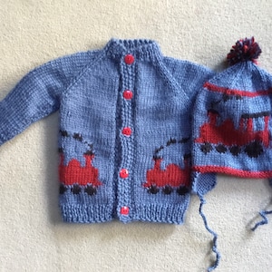 Custom made train sweater and hat set for a baby or toddler