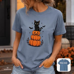 Halloween-Shirt mit Kürbis-Motiv und schwarzer Katze, Kürbisstapel-T-Shirt, süßes gruseliges Katzen-T-Shirt, Herbst-Shirt, Comfort Colors®