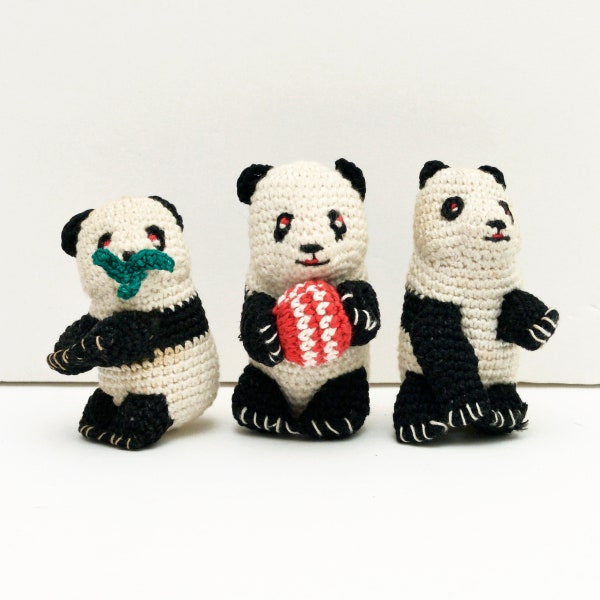 Trio of Vintage Crocheted Panda Bear Dolls