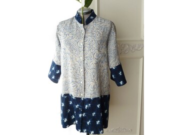 Oversize Hawaiian top, Kimono, batik floral print, shibori tie dye, artsy, beach, navy blue, boho, eco fashion, Plus size, upcycled, linen