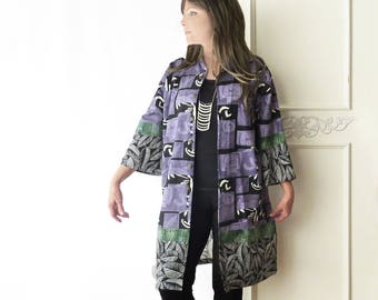 Oversize Hawaiian top, Kimono, purple, Upcycled clothing, artsy, beach coverup, black, boho, refashioned, Asian print, Plus size, abstract